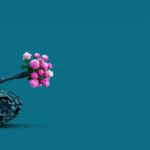 Toy tank fires a bouquet of flowers. Peace concept background 3D Rendering